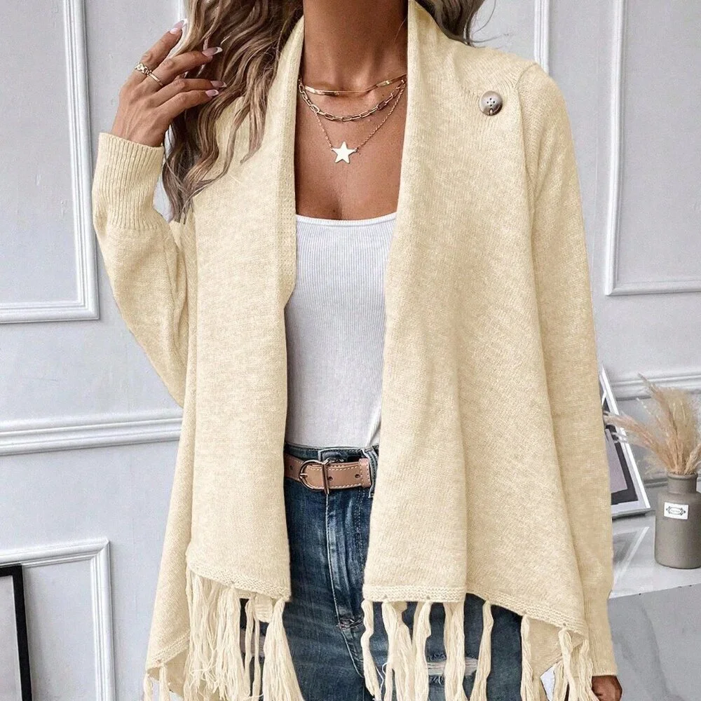 Apricot Casual Women's Fringe Trim Draped Collar Wrap Asymmetrical Sweater Dress